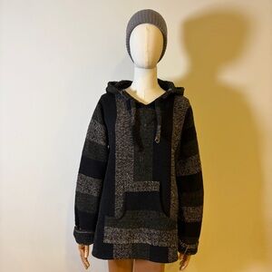San Felipe Baja Hoodie Mexican Jerga Pullover Black Gray Striped Size L